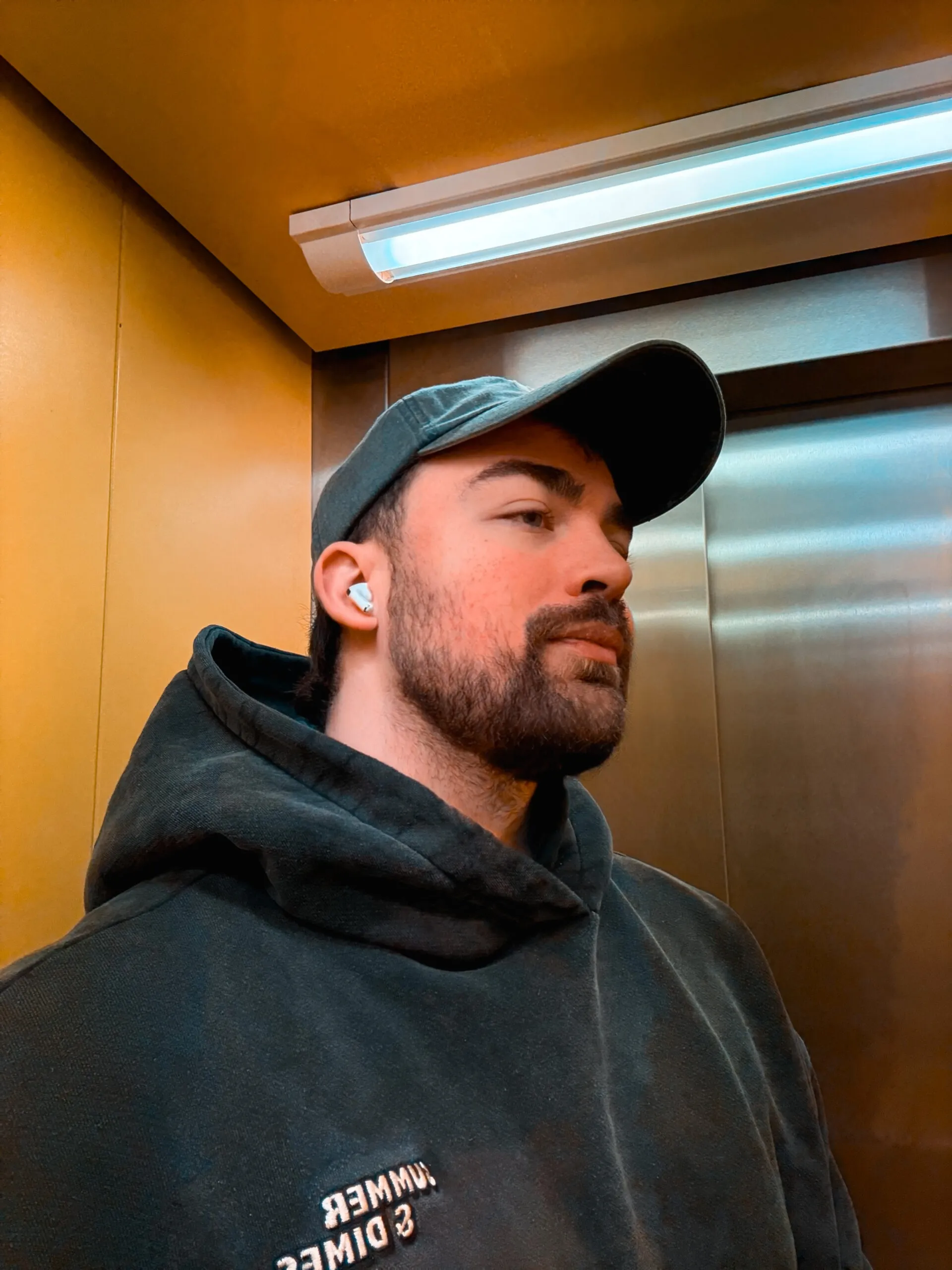 Lion Stark in a golden elevator, wearing a cap and hoodie