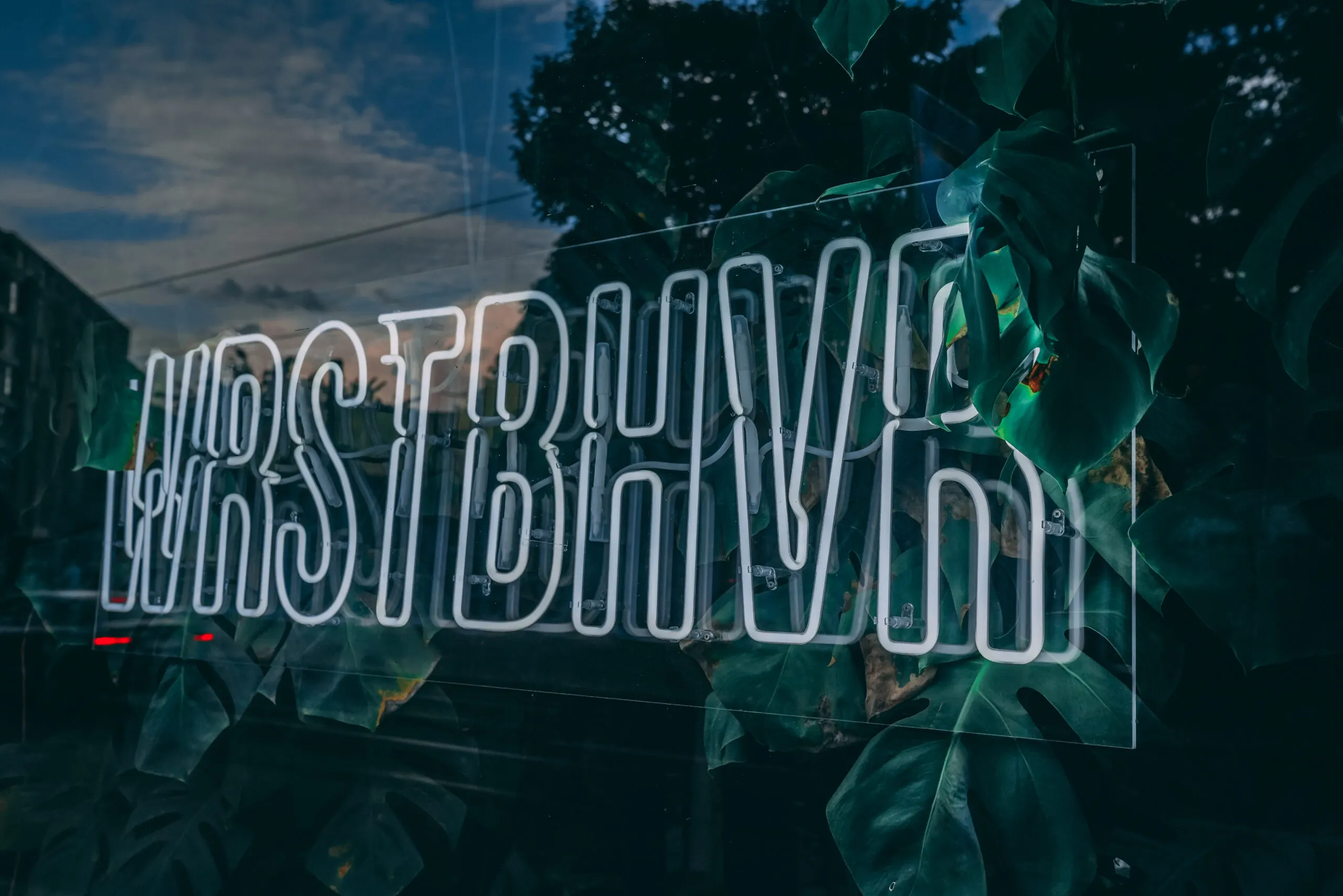 Neon sign WRSTBHVR between dark leaves
